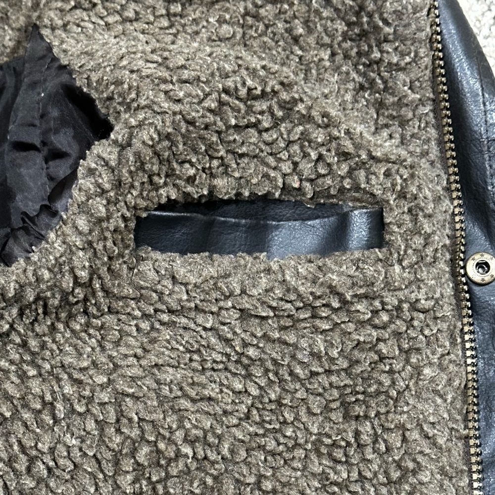 KIDS OR LADY Black Brown Faux Leather Field Jacket Sherpa Collar bomber 10-12 - Picture 9 of 13